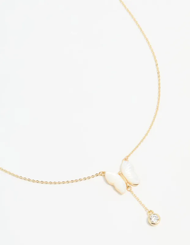 Gold Plated Mother Of Pearl & Cubic Zirconia Butterfly Y-Necklace sold by lovisa