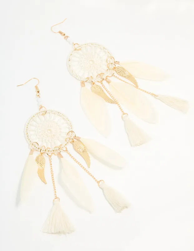 Cream & Gold Feather Dreamcatcher Drop Earrings sold by lovisa