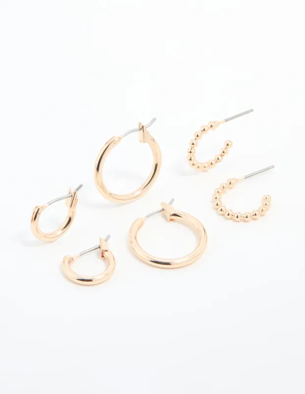 Gold Sleek & Bubble Hoop Earrings 3-Pack sold by lovisa