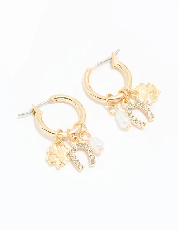 Gold Diamante Horseshoe & Clover Huggie Earrings sold by lovisa
