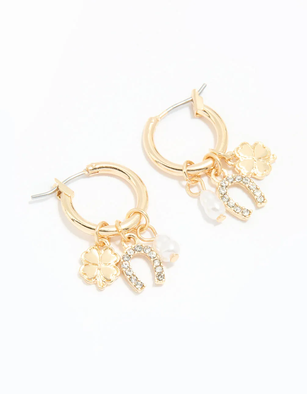 Gold Diamante Horseshoe & Clover Huggie Earrings sold by lovisa