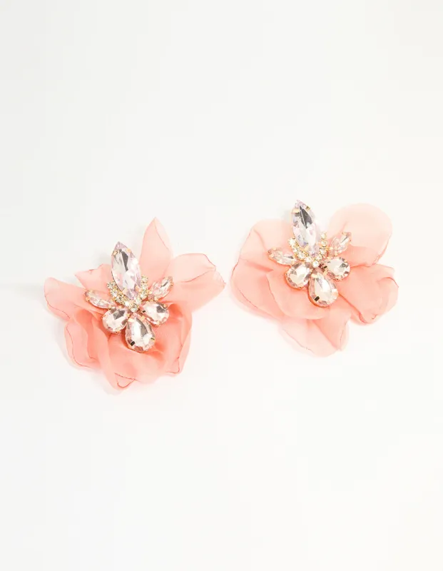 Pink Fabric Diamante Marquise Cluster Flower Petal Earrings sold by lovisa