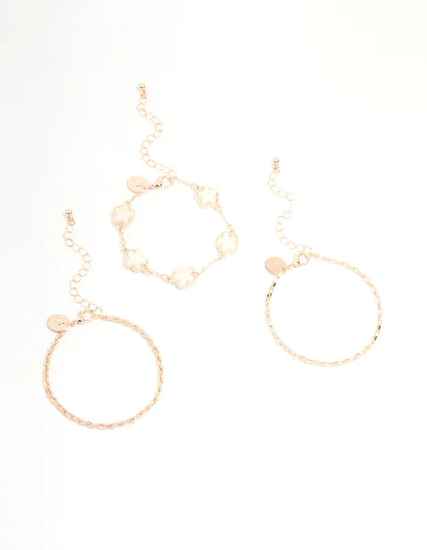 Rose Gold Flower & Chain Bracelets 3-Pack sold by lovisa