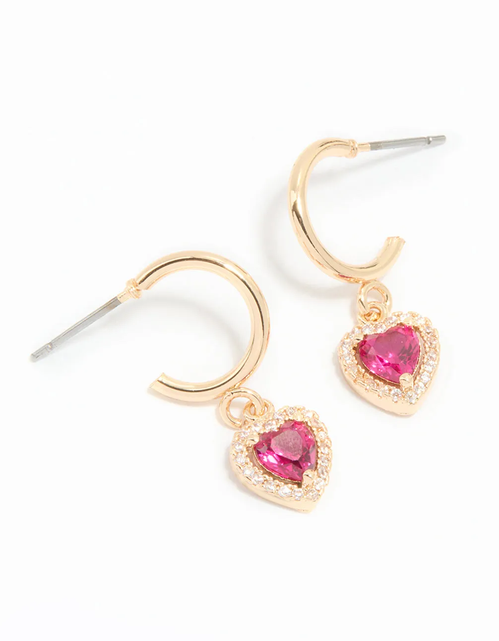 Gold Pink Cubic Zirconia Encased Heart Huggie Earrings sold by lovisa