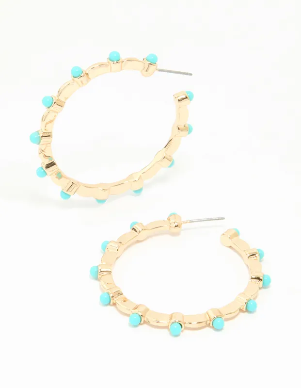 Gold Turquoise Ball Hoop Earrings sold by lovisa