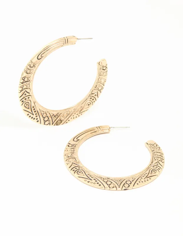 Antique Gold Patterned Hoop Earrings sold by lovisa