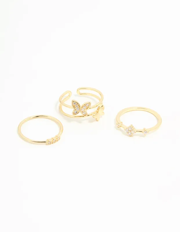 Gold Plated Cubic Zirconia Butterfly Rings 3-Pack sold by lovisa