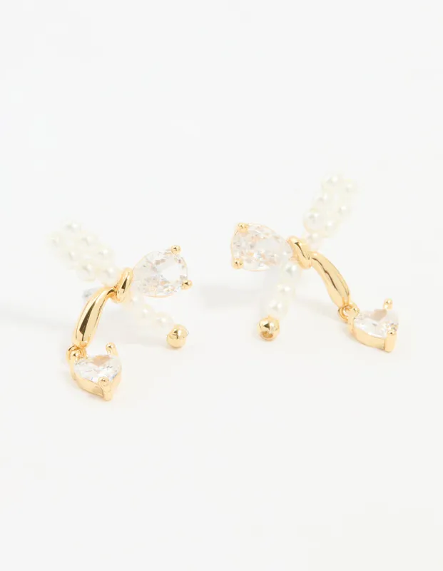 Gold Plated Cubic Zirconia & Pearl Bow Stud Earrings sold by lovisa