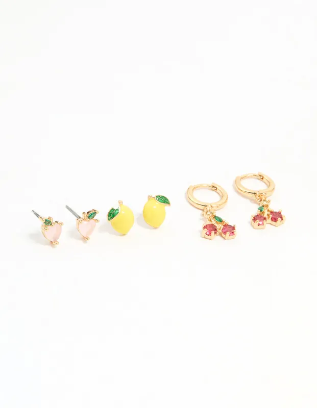 Gold Enamel Mixed Fruit Stud Earrings 3-Pack sold by lovisa