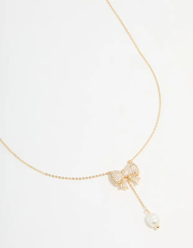 Gold Plated Pearl & Cubic Zirconia Chunky Bow Y-Necklace sold by lovisa