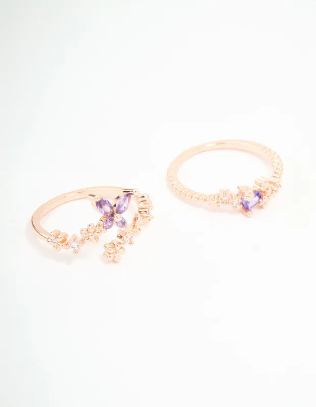 Rose Gold Cubic Zirconia Dainty Butterfly Rings 2-Pack sold by lovisa