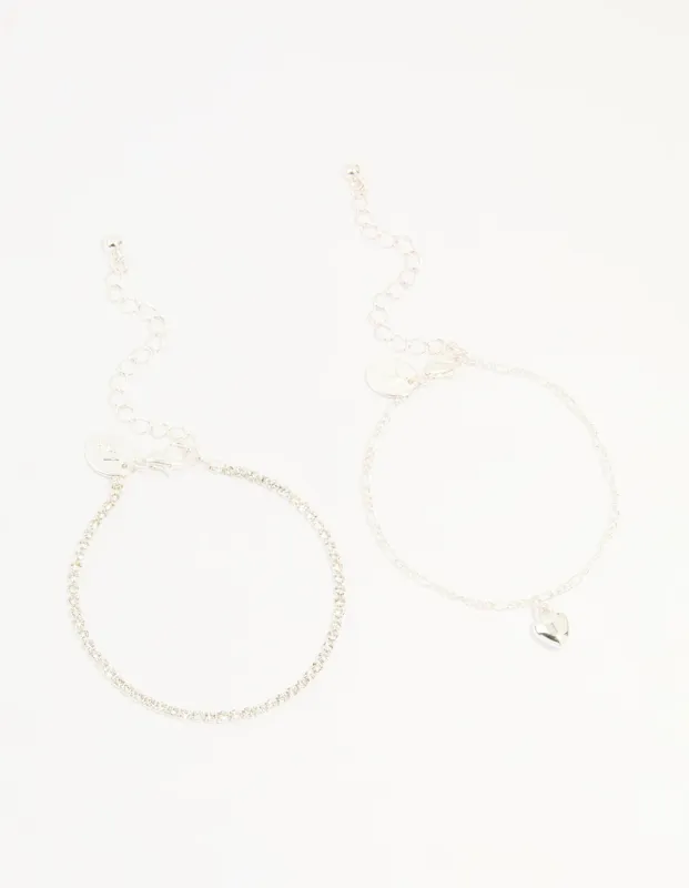 Silver Diamante Tennis Bracelet & Heart Bracelet 2-Pack sold by lovisa