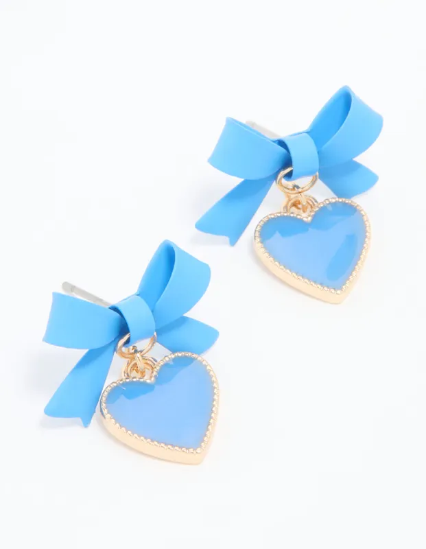Gold Blue Coated Metal Bow Heart Drop Earrings sold by lovisa