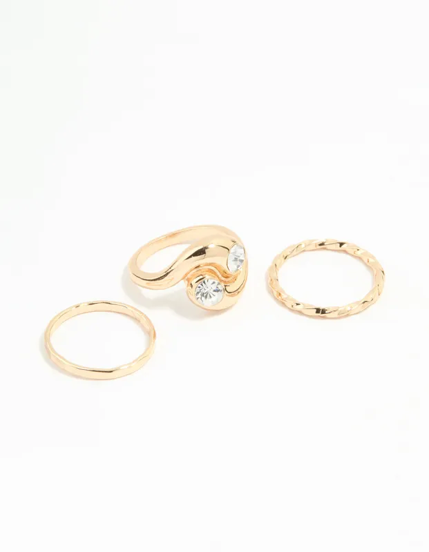 Gold Thick Diamante Twisted Stacking Rings 3-Pack sold by lovisa