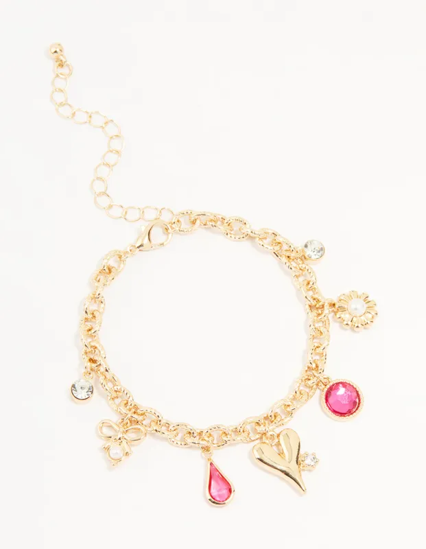 Gold Pearl & Pink Diamante Charm Bracelet sold by lovisa