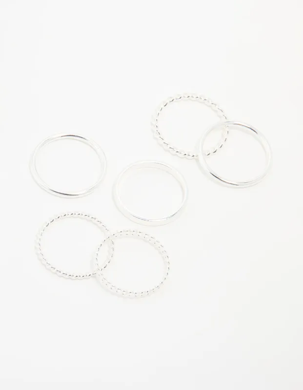 Silver Thin Twisted Stacking Rings 6-Pack sold by lovisa