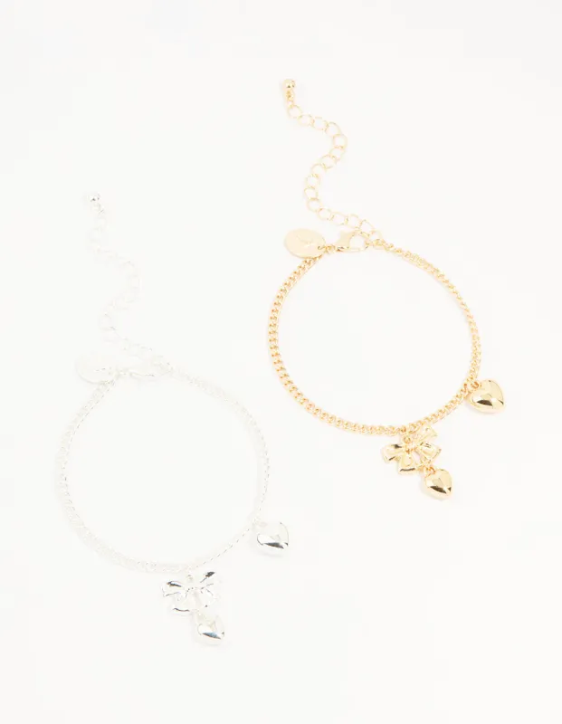 Mixed Metals Bow & Heart Bracelets 2-Pack sold by lovisa
