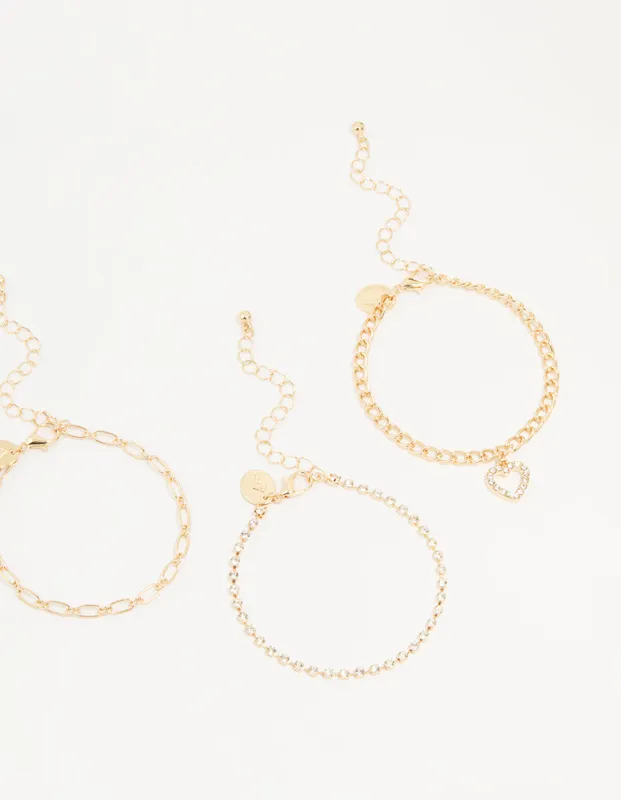 Gold Diamante Mixed Chain Heart Bracelets 3-Pack sold by lovisa