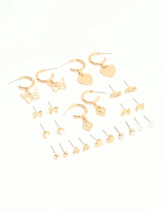 Gold & White Heart Butterfly Earrings 12-Pack sold by lovisa