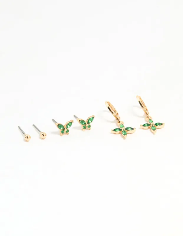 Gold Green Diamante Butterfly & Cross Mixed Stud Earrings 3-Pack sold by lovisa