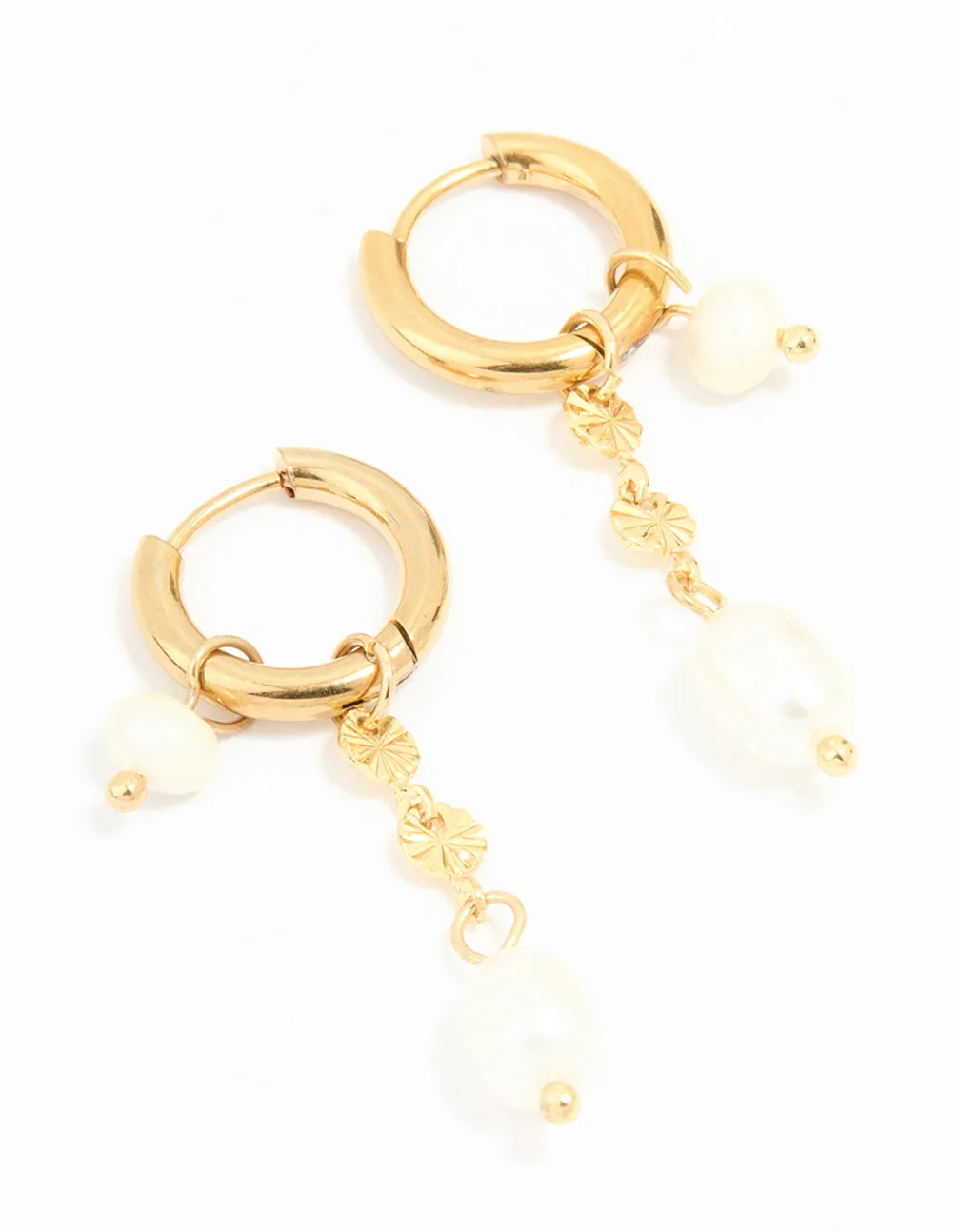 Waterproof Gold Plated Stainless Steel Chain Freshwater Pearl Drop Huggie Earrings sold by lovisa
