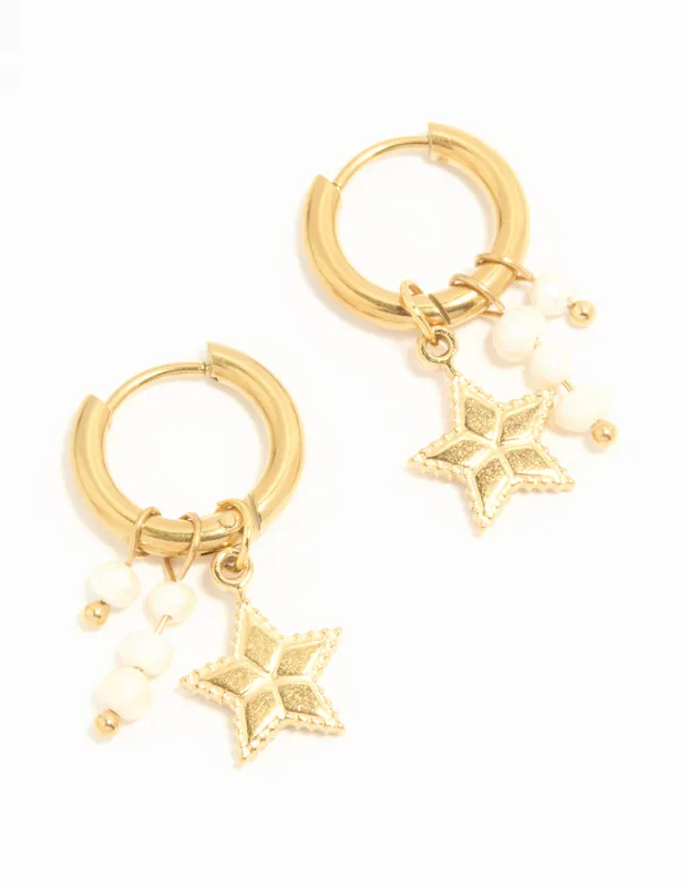 Waterproof Gold Plated Stainless Steel Pearl Star Huggie Earrings sold by lovisa