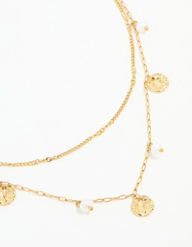 Waterproof Gold Plated Stainless Steel Pearl & Coin Layered Necklace sold by lovisa