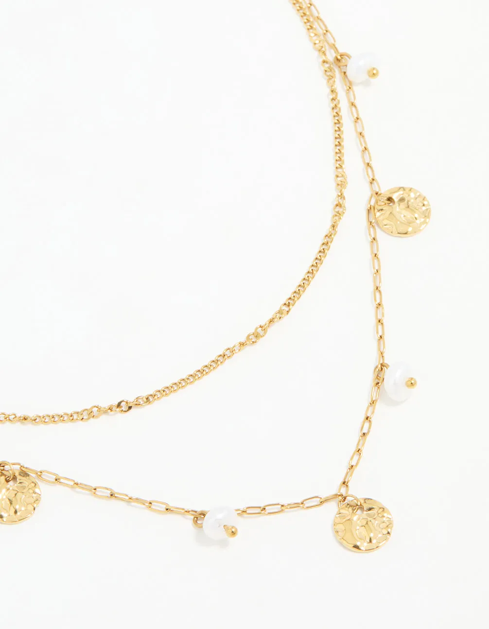 Waterproof Gold Plated Stainless Steel Pearl & Coin Layered Necklace sold by lovisa