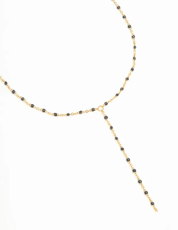 Waterproof Gold Plated Stainless Steel Black Bead Y-Necklace sold by lovisa