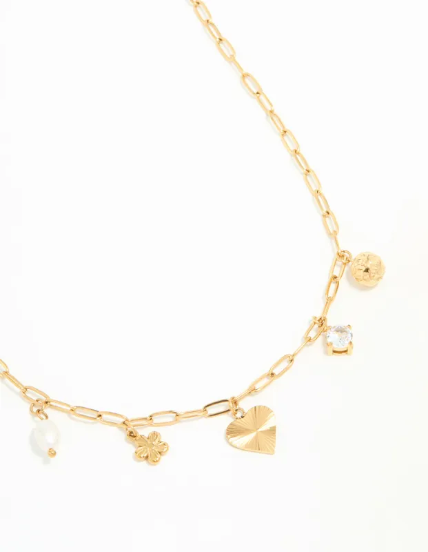 Waterproof Gold Plated Stainless Flower & Heart Charm Necklace sold by lovisa