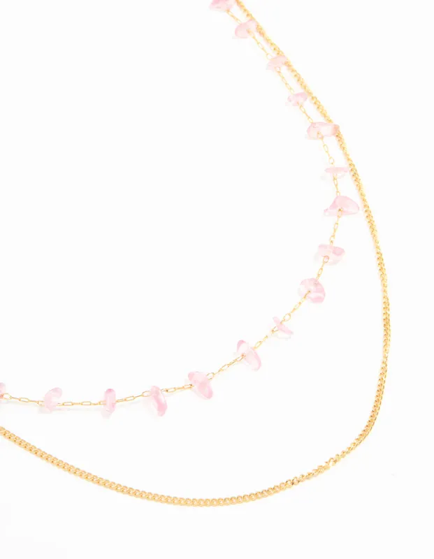 Waterproof Gold Plated Stainless Steel Pink Semiprecious Stone & Chain Layered Necklace sold by lovisa
