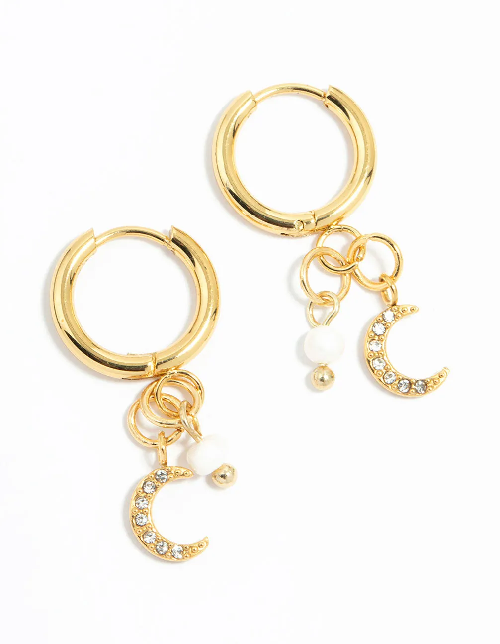 Waterproof Gold Plated Stainless Steel Freshwater Pearl & Moon Huggie Earrings sold by lovisa