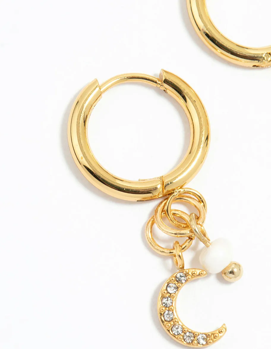Waterproof Gold Plated Stainless Steel Freshwater Pearl & Moon Huggie Earrings sold by lovisa product image thumbnail 4