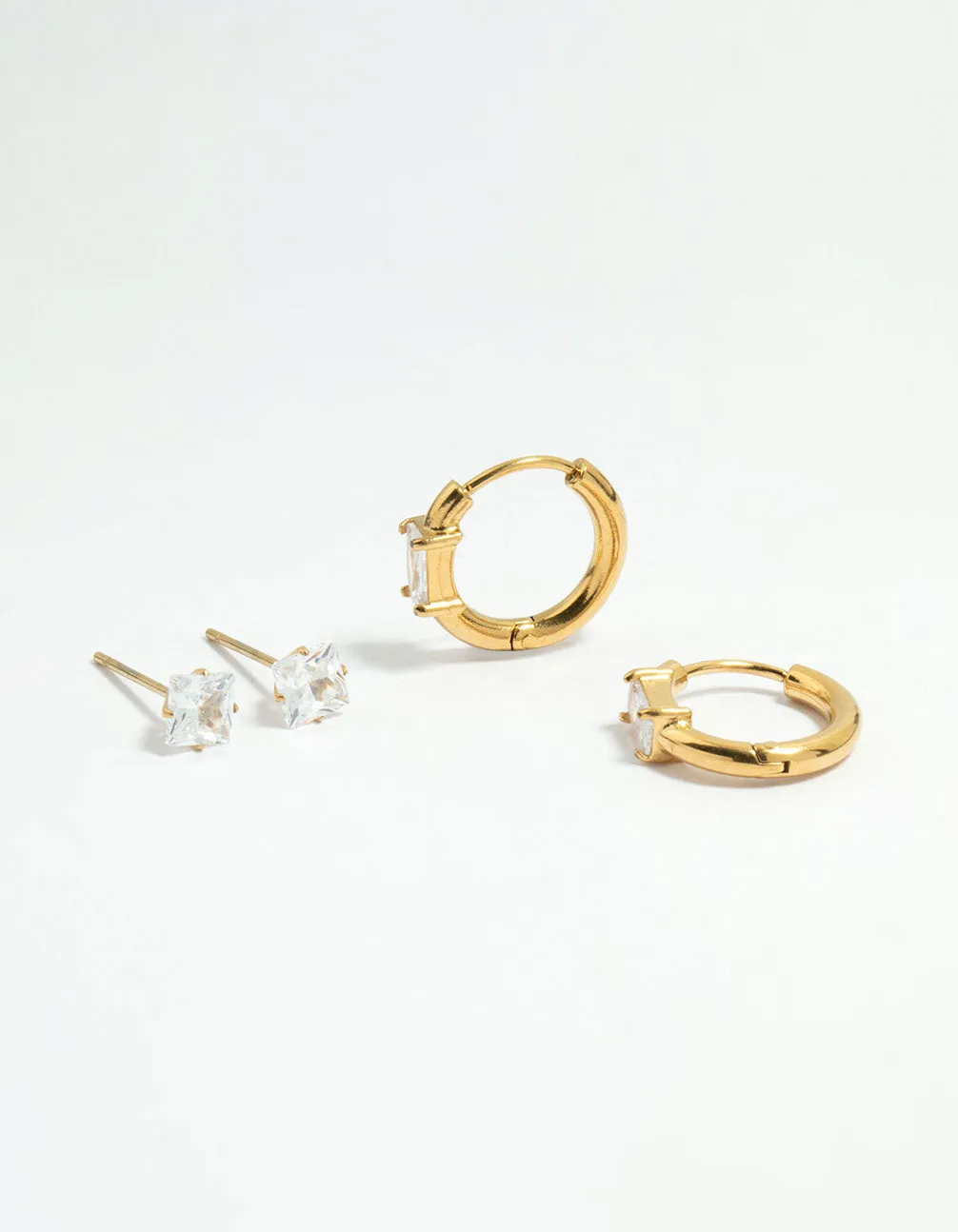 Waterproof Gold Plated Stainless Steel Cubic Zirconia Stud & Huggie Earrings 2-Pack sold by lovisa