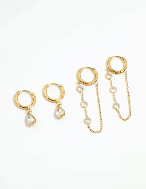 Waterproof Gold Plated Stainless Steel Cubic Zirconia Chain Droplet Earrings 2-Pack sold by lovisa
