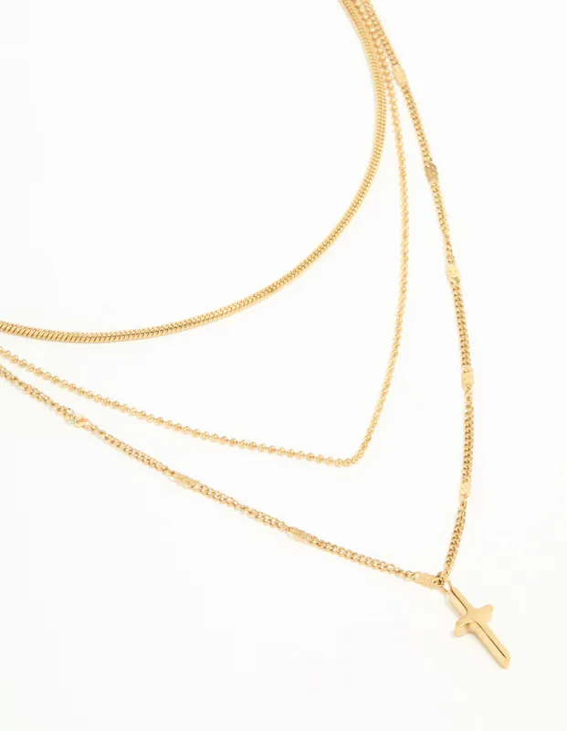 Waterproof Gold Plated Stainless Steel Cross Layered Necklace sold by lovisa