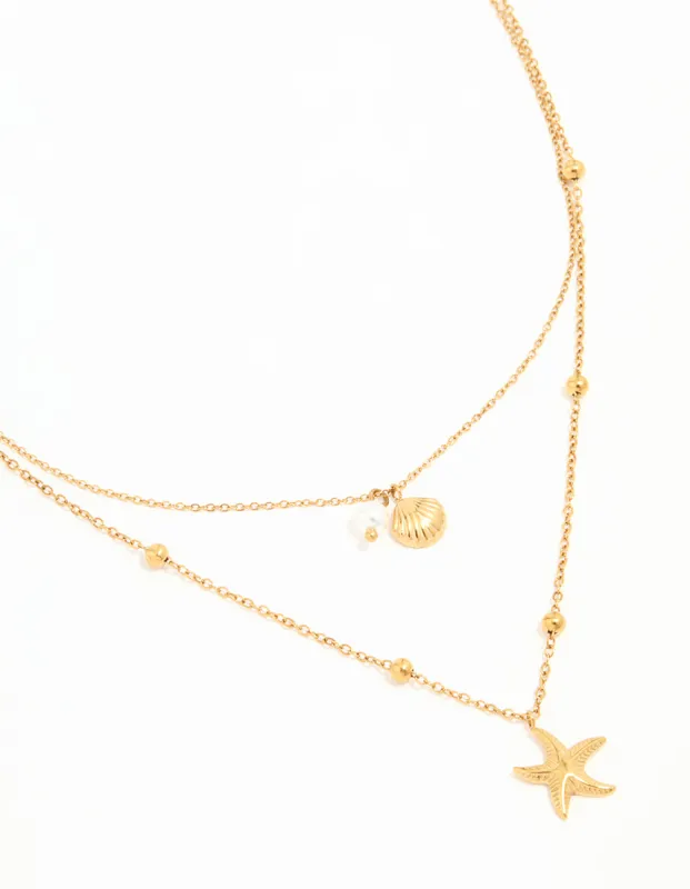 Waterproof Gold Plated Stainless Steel Star & Shell Layered Necklace sold by lovisa