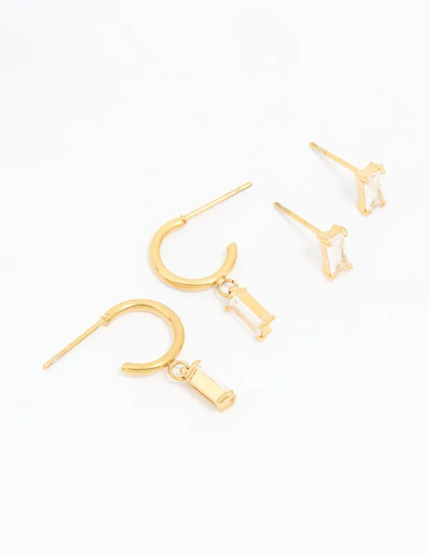 Waterproof Gold Plated Stainless Steel Cubic Zirconia Rectangle Stud & Hoop Earrings 2-Pack sold by lovisa