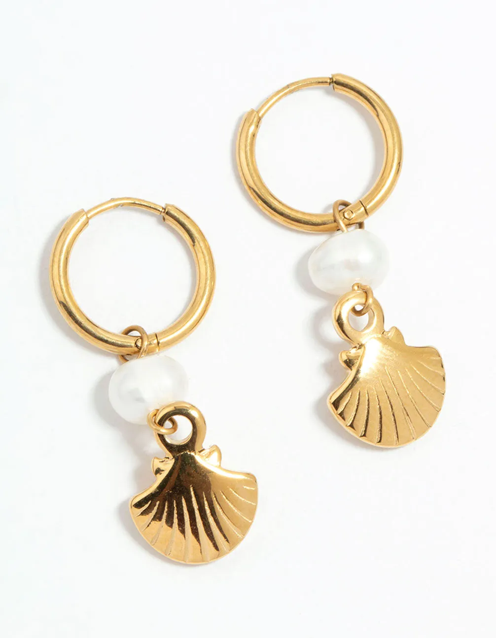 Waterproof Gold Plated Stainless Steel Pearl Shell Drop Huggie Earrings sold by lovisa
