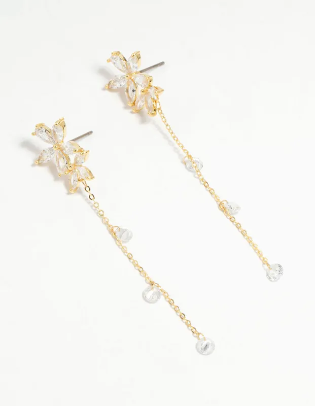 Gold Plated Cubic Zirconia Flower Chain Drop Earrings sold by lovisa