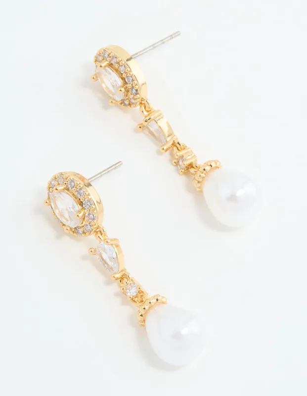 Gold Plated Cubic Zirconia Halo Pearl Drop Earrings sold by lovisa