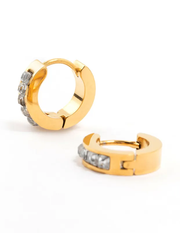 Waterproof Gold Plated Stainless Steel Square Cut Diamante Huggie Earrings sold by lovisa