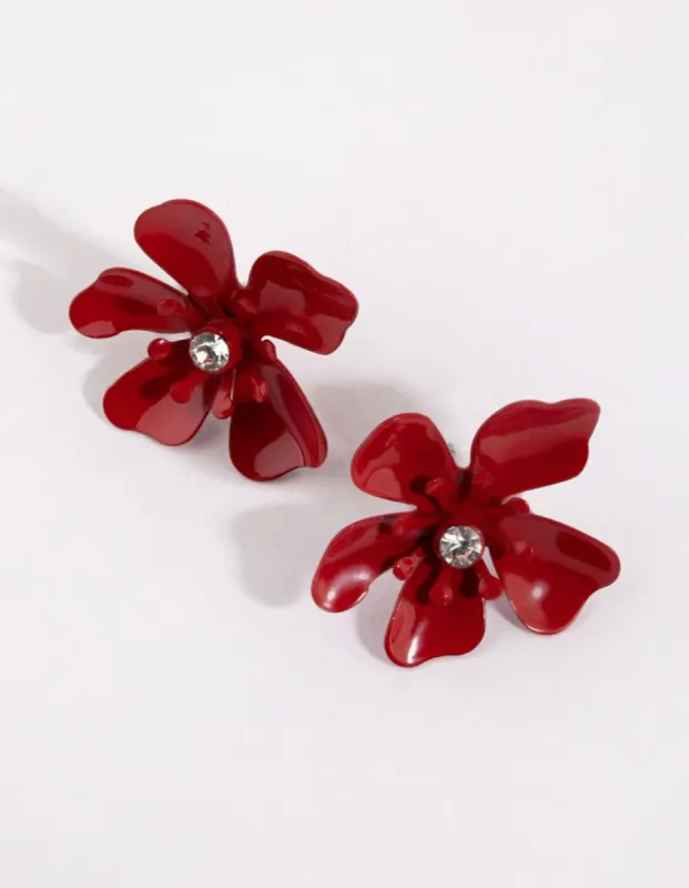 Matte Red Flower Stud Earrings sold by lovisa