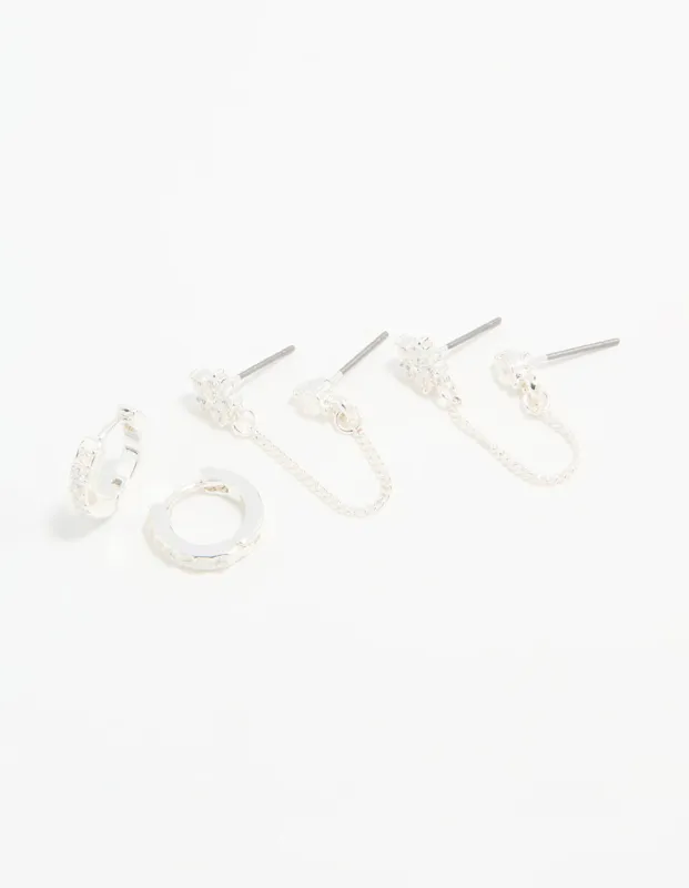 Silver Cubic Zirconia Chain Flower Chain & Huggie Earrings 3-Pack sold by lovisa