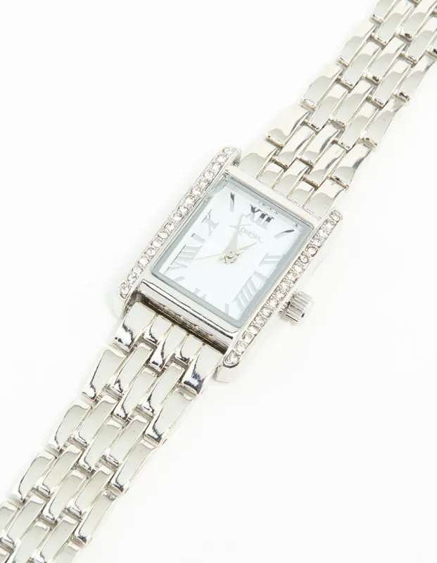 Silver Diamante Roman Numeral Rectangle Watch sold by lovisa