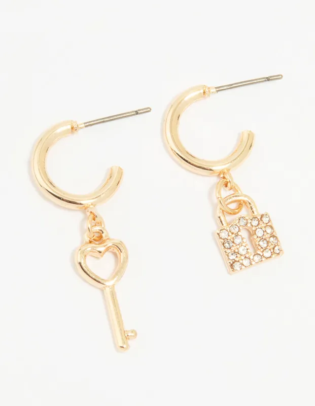 Gold Lock & Key Huggie Drop Earrings sold by lovisa
