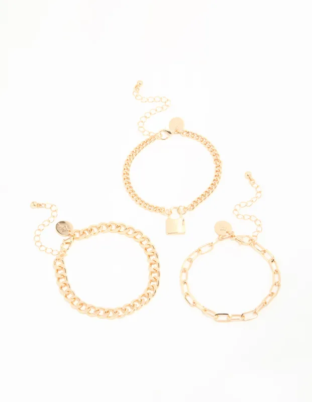 Gold Mixed Chain & Lock Bracelet 3-Pack sold by lovisa