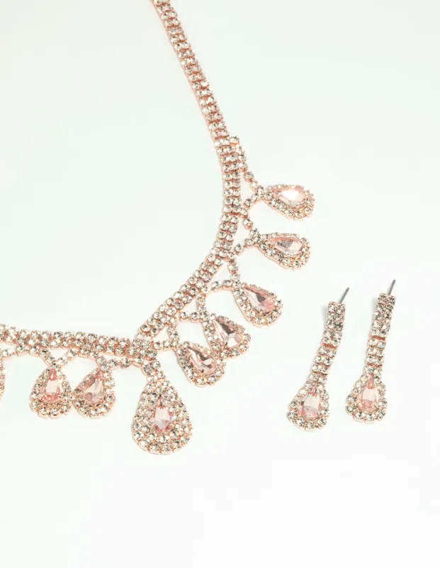 Rose Gold Teardrop Diamante Necklace & Earrings Set sold by lovisa