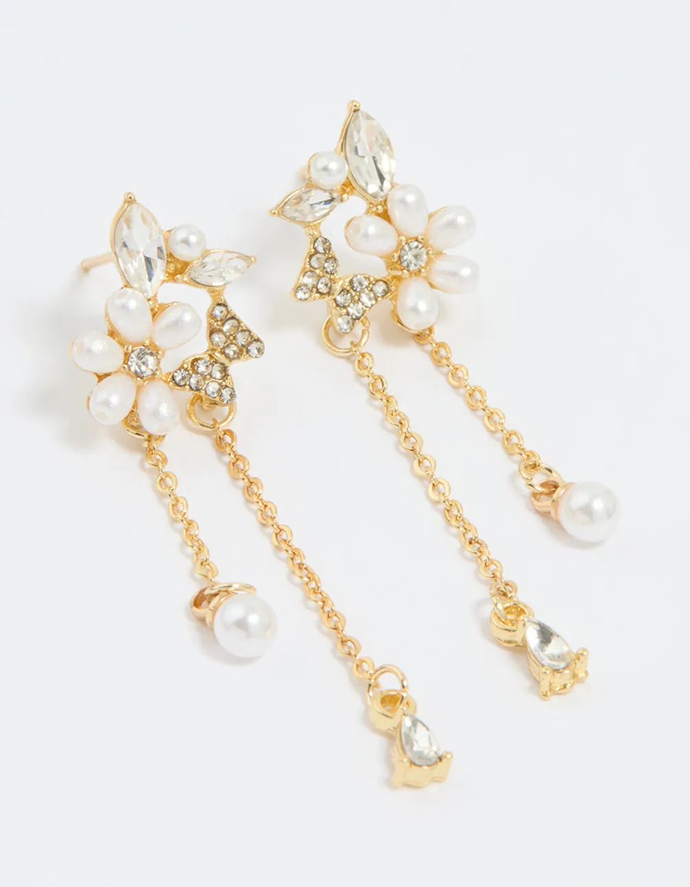 Gold Plated Diamante Pearl Flower Chain Drop Earrings sold by lovisa