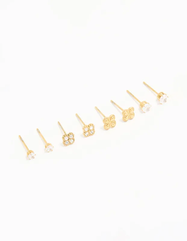 Waterproof Gold Plated Stainless Steel Cubic Zirconia Flower & Classic Stud Earrings 4-Pack sold by lovisa